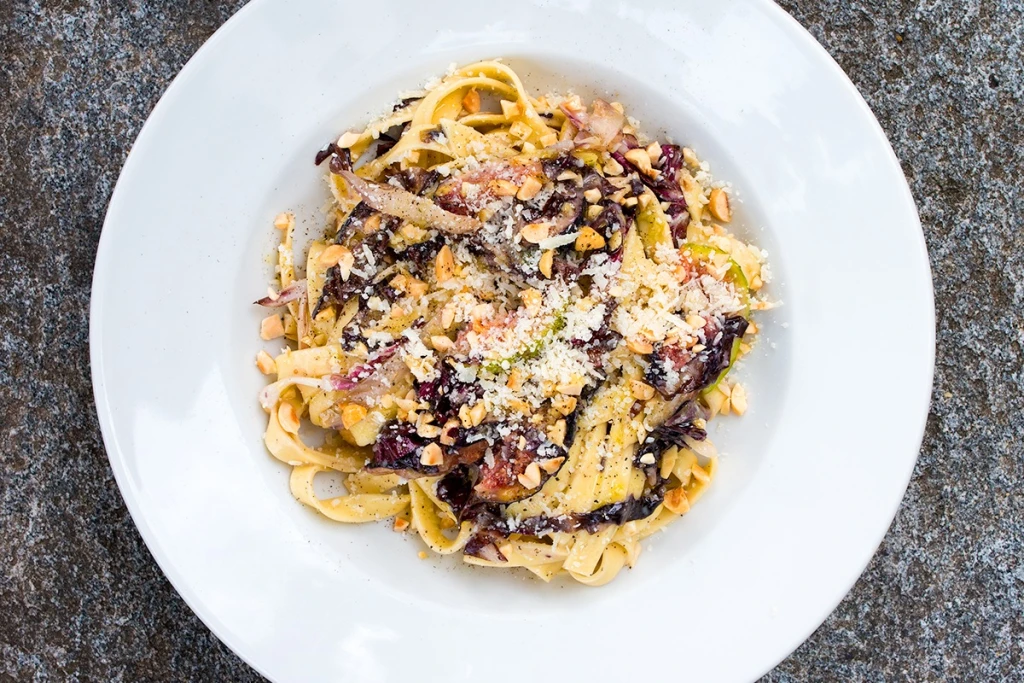 Tagliatelle with Gorgonzola, radicchio, figs and Piedmontese hazelnuts